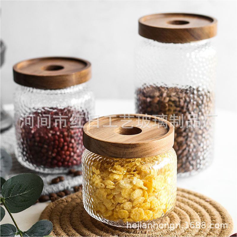 创意杂粮玻璃储物罐锤纹相思木盖