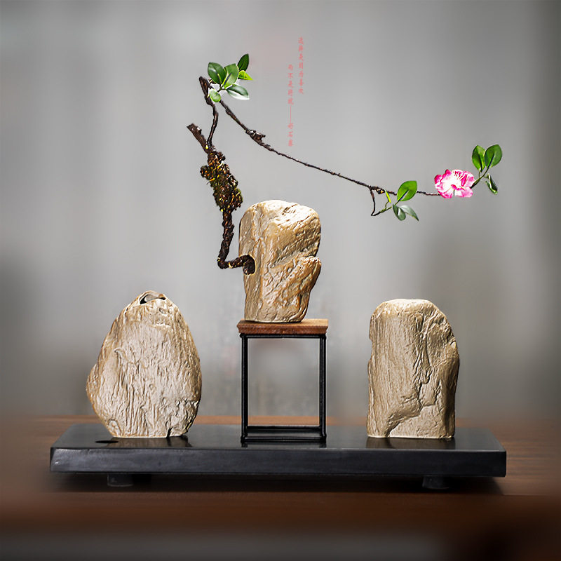 粗陶仿石花器桌面摆件茶室茶道禅意空间点缀装饰品餐厅干花插花瓶