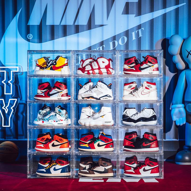 潮范鞋盒磁吸式高帮透明篮球鞋盒亚克力球鞋收纳盒展示鞋柜