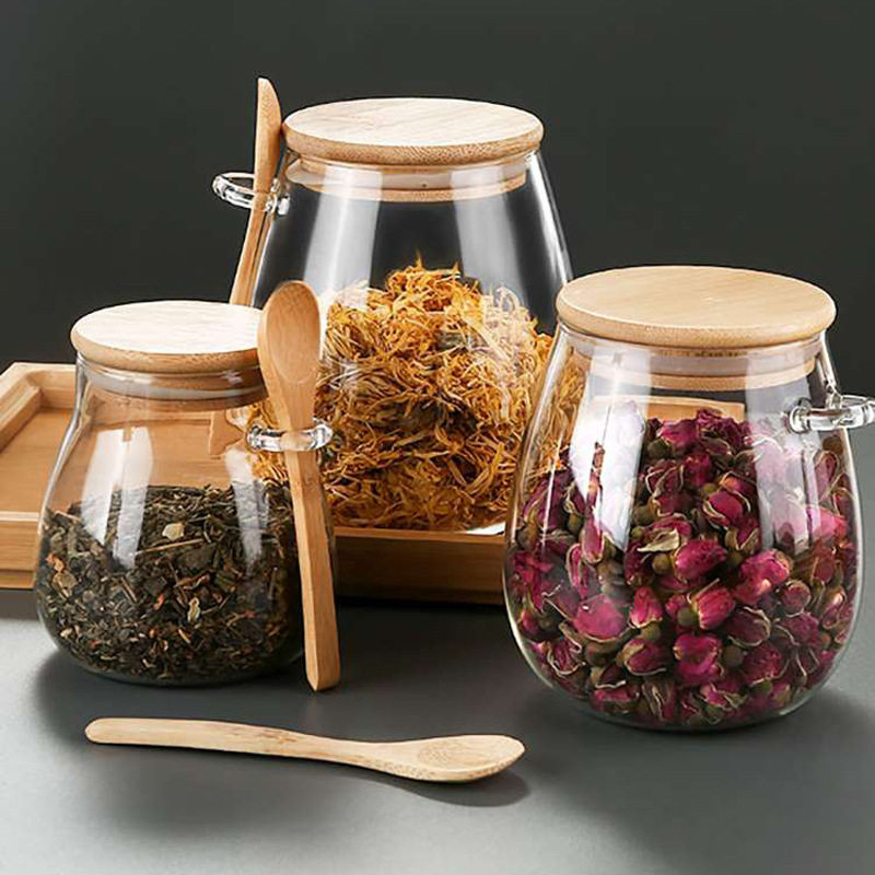 客厅透明玻璃带勺花茶罐家用