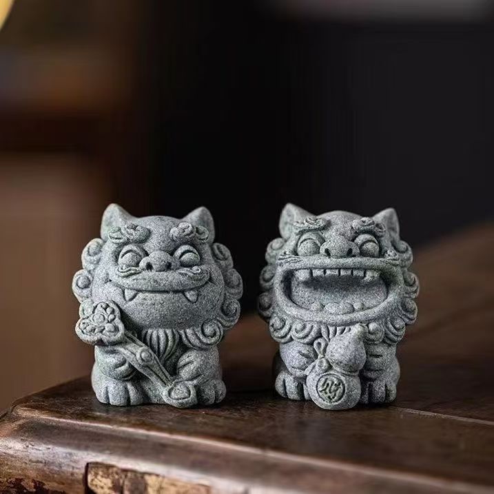 青砂石狮子摆件招财醒狮茶宠创意