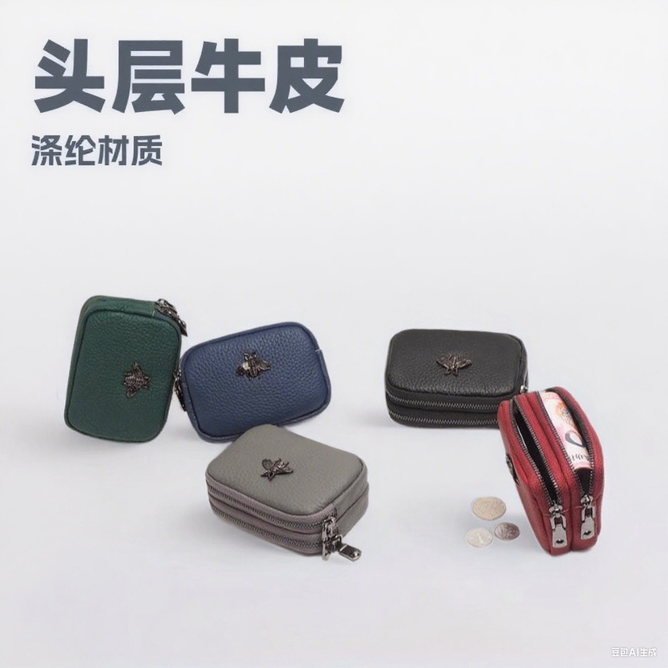 现货欧美风真皮零钱包女双拉链
