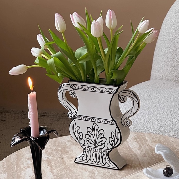 双耳线条陶瓷花瓶高级中古感