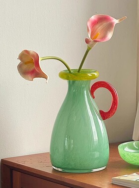 糖果色玻璃花瓶小众中古插花花器家居装饰插花水养绿色琉璃高级感