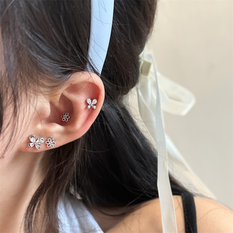 蝴蝶&锆石小蓝花925银耳饰