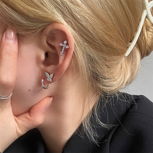 WYNNE’S七彩锆石蝴蝶十字架甜酷素圈耳钉钛钢防敏睡觉免摘耳骨钉
