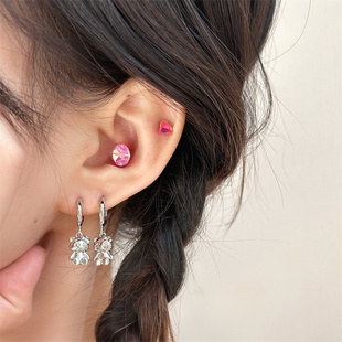 WYNNE’S甜美1.2火龙果色立体kitty耳圈多耳洞爱心圆钻耳骨钉耳饰
