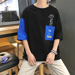 大货到2025春夏季男士时尚百搭圆领拼色印花短袖宽松T恤男T69 P35图片
