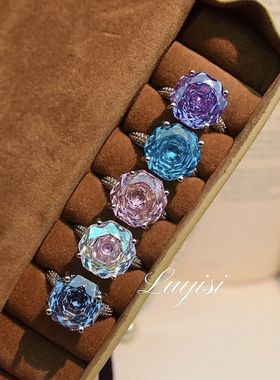 重工爆闪八角千禧玫瑰切海蓝钻戒指高碳钻粉钻玫瑰花炫绿紫指环女