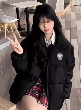 冬季新款黑色羽绒棉服女大童冬季初中高中学生宽松棉袄面包服外套