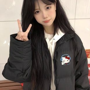 冬季新款黑色羽绒棉服女大童初中高中学生宽松棉袄面包服棉衣外套