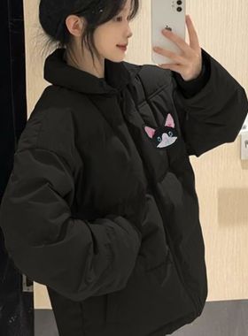 冬季新款黑色立领羽绒棉服女大童初中高中学生宽松棉袄面包服外套