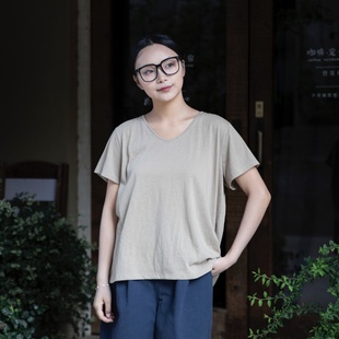 卡其色V领棉麻短袖 雨文她城原创女夏季 简约百搭休闲宽松T恤上衣