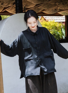 雨文她城  29姆米真丝桑蚕丝黑色长袖衬衫女宽松慵懒高级百搭上衣