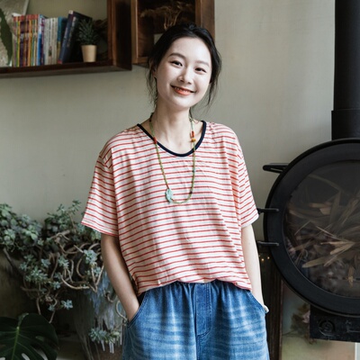 红条纹棉麻夏季宽松短袖女T恤