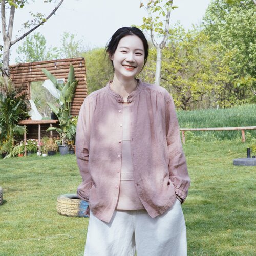 25支亚麻粉长袖宽松衬衫女