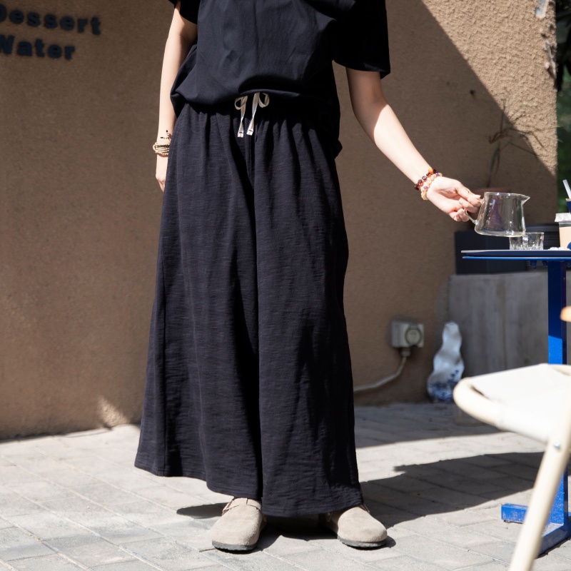 雨文她城原创纯棉色织宽松黑色阔腿裤随性松弛chao舒适休闲裤