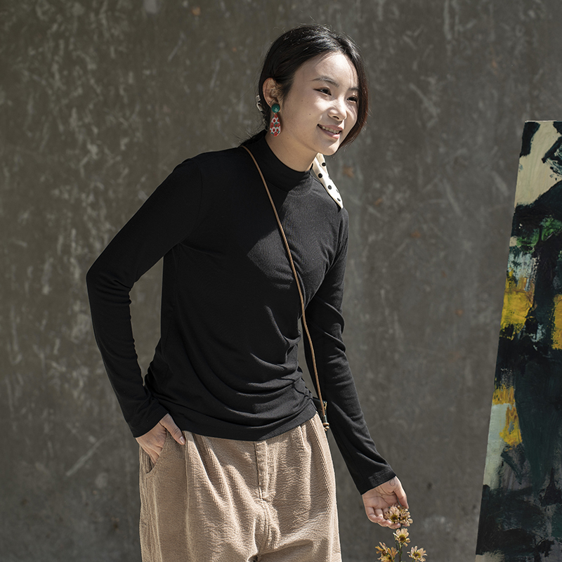 雨文她城原创黑色半高领羊毛天丝韧度基础款气质显瘦叠穿打底t恤