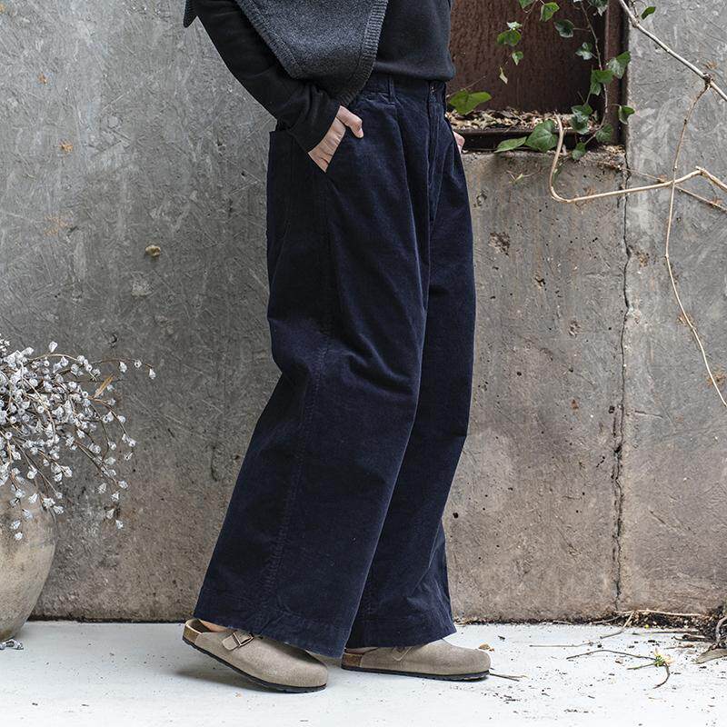 雨文她城2025原创新款藏蓝色灯芯绒直筒裤文艺简约弹力条绒休闲裤
