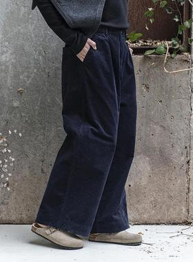 雨文她城2025原创新款藏蓝色灯芯绒直筒裤文艺简约弹力条绒休闲裤