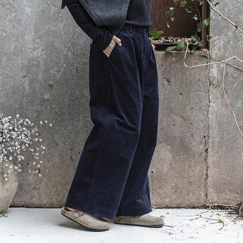 雨文她城2025原创新款藏蓝色灯芯绒直筒裤文艺简约弹力条绒休闲裤