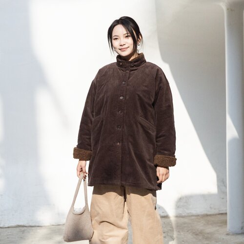 雨文她城复古立领灯芯绒棉服女