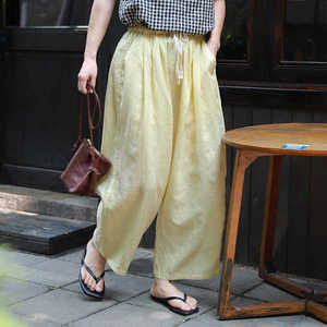 雨文她城原创女士法国进口苎麻鹅黄色萝卜裤文艺松紧腰清凉休闲裤