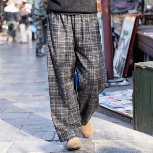 复古格纹羊毛混纺呢子裤女