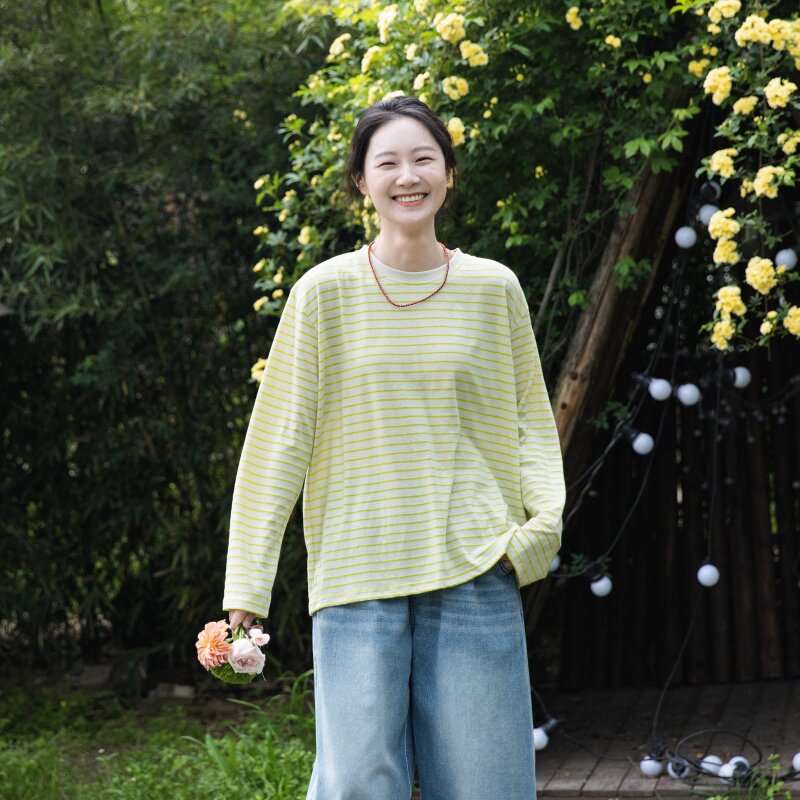 雨文她城｜慵懒棉麻条纹长袖T恤女春季氧气感蜜瓜绿宽松套头衫