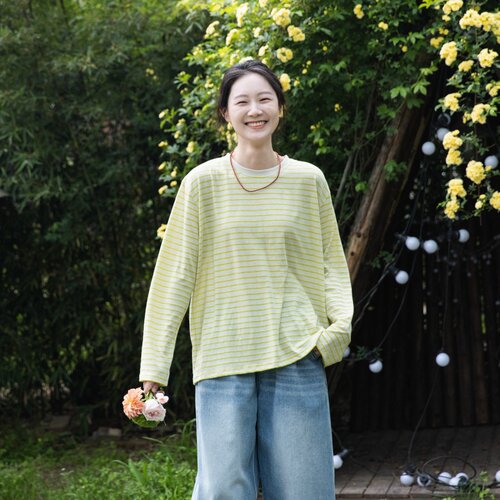 雨文她城棉麻条纹长袖T恤蜜瓜绿