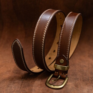 雨文她城复古简约皮制腰带金属铜扣手工缝线针扣皮带