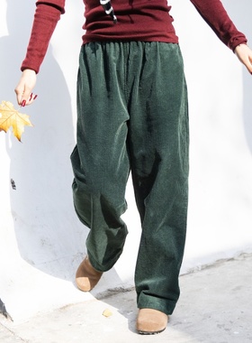 雨文她城原创复古感绿色高密纯棉灯芯条绒裤女松紧腰百搭休闲裤