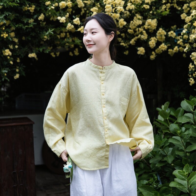 雨文她城｜14支进口纯苎麻简约立领衬衫女长袖松弛鹅黄开衫