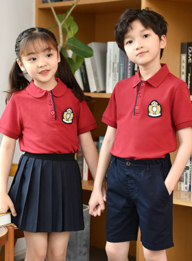 卷卷毛校服套装夏季男女童装学院风运动服春秋长袖红色班服园服