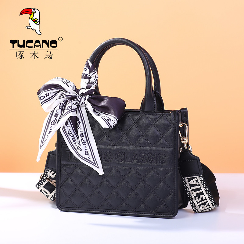 啄木鸟女包2025新款手提包菱格戴妃丝巾蝴蝶结婚包红色单肩斜挎包