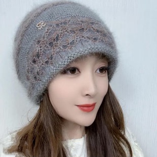 女士针织保暖松鼠绒毛线帽秋冬时尚保暖包头帽优雅镂空勾花针织帽