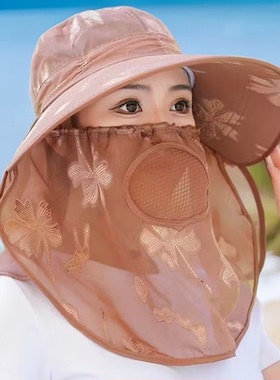夏季女士韩版大檐采茶帽透气网防晒太阳帽骑车遮脸护颈披肩太阳帽