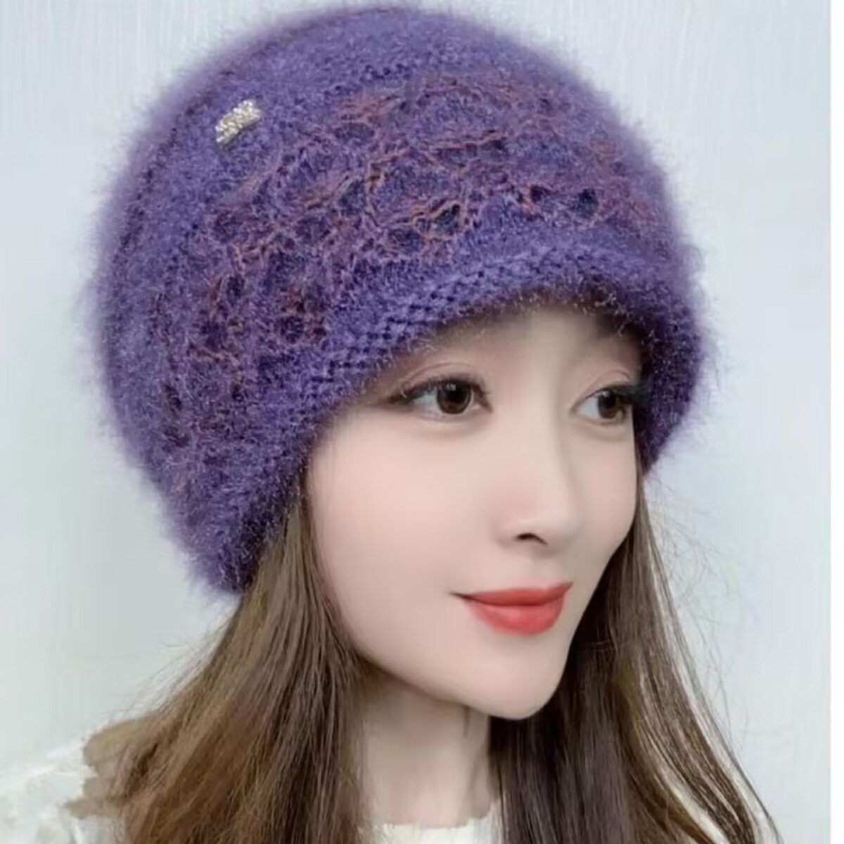 新款双层针织镂空勾花松鼠绒保暖小卷边堆堆护耳包头女士拼色帽子