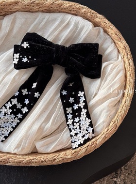 Chris 碎花黑色蝴蝶结发夹女百搭丝带弹簧夹高级感精致一字夹发卡