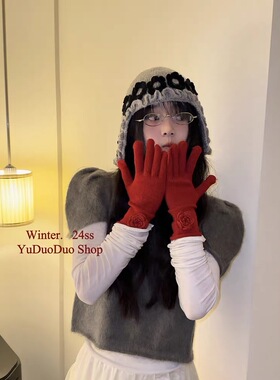 Chris 复古新年红色手工玫瑰花针织手套女韩版秋冬保暖五指可触屏