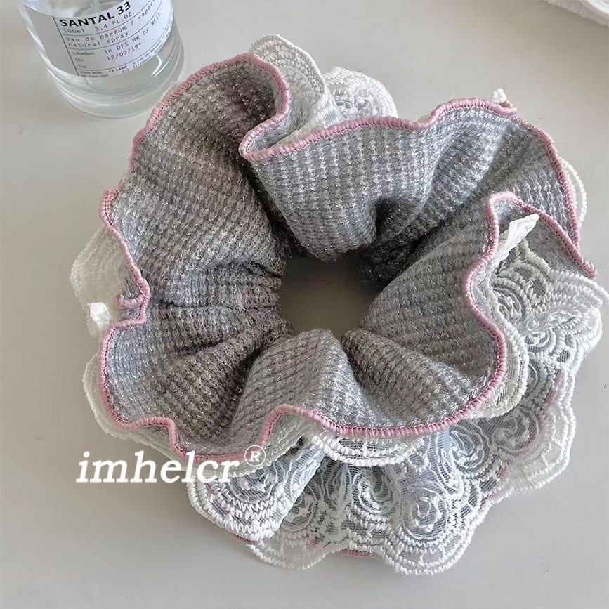 Chris 韩系氛围感灰色细闪粉边蕾丝小蛮腰发圈小众气质温柔丸子头