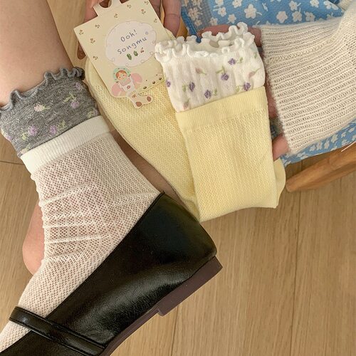 Chris 碎花木耳边网眼袜女中筒袜春夏新品双罗口花边无骨堆堆袜