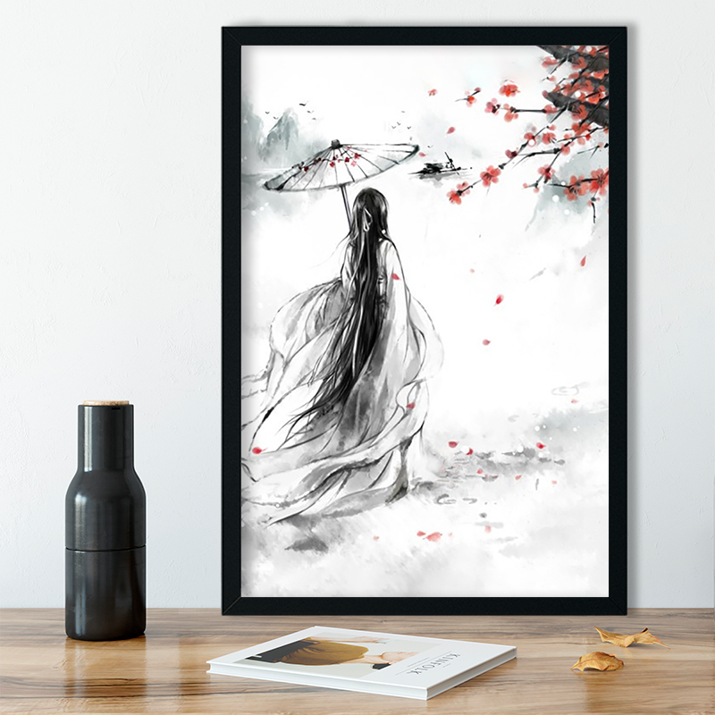 古风十字绣梅花烟云古代美女背影2021新款中式唯美风景挂画钻石画