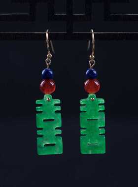 925银耳钩古风干青喜字红玛瑙耳环女精致手工中式文化淑女耳饰品