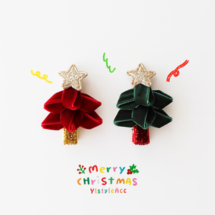 原创圣诞树红绿丝绒儿童宝宝全包发夹边夹鸭嘴夹幼童发卡发饰头饰