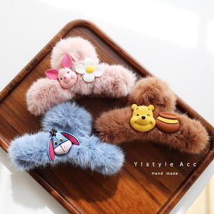 可爱树脂小猪维尼小熊噗噗发夹仿兔毛抓夹脑后勺发卡甜美发饰品