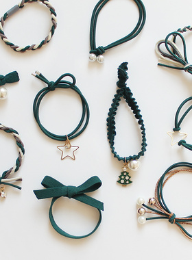 原创设计秋冬新款气质性冷淡风墨绿色珍珠头绳发圈发绳橡皮筋发饰