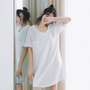 宽松睡衣女夏纯棉休闲韩版清新纯白v领甜美可爱短袖夏天学生睡裙
