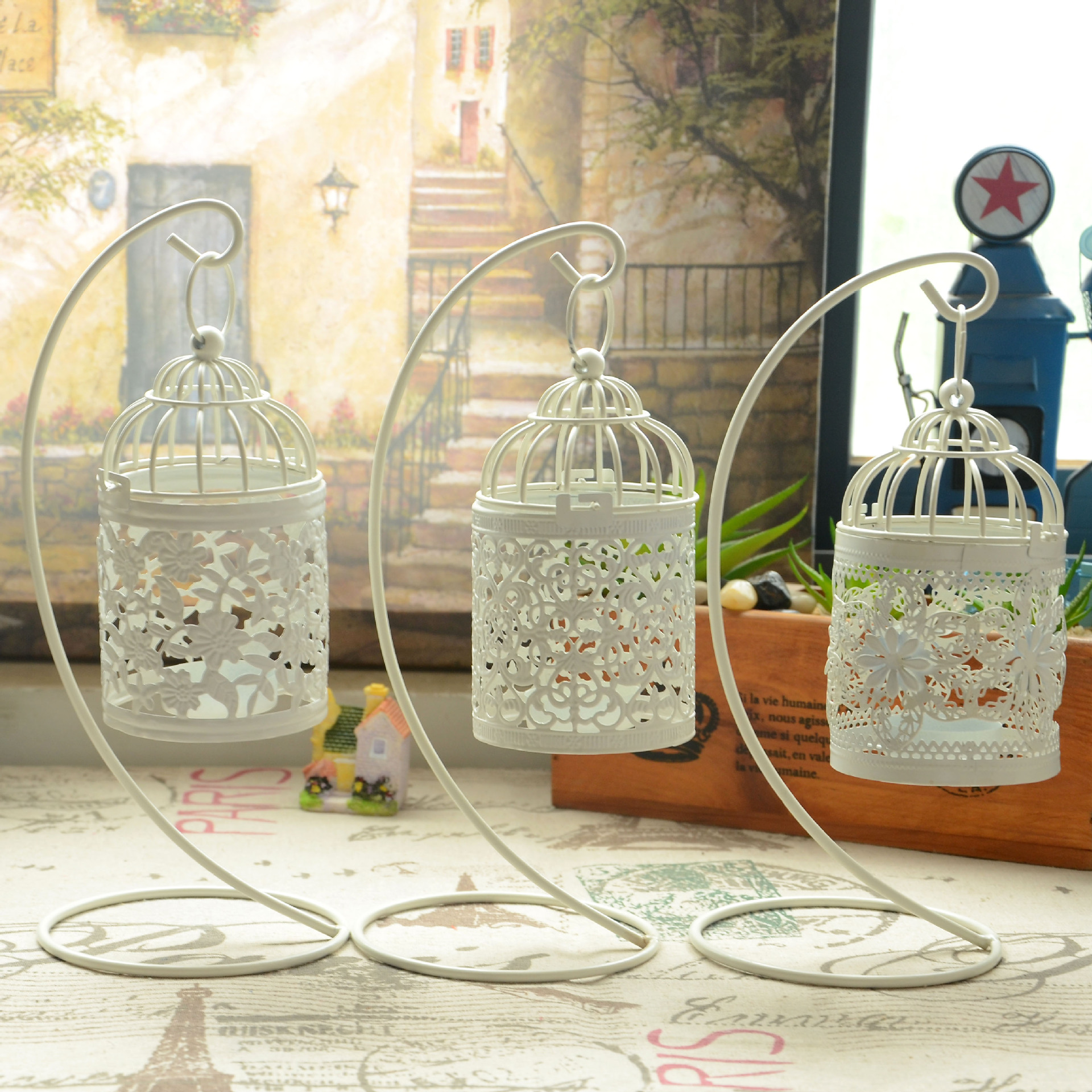 zakka杂货 欧式古典镂空白色铁艺鸟笼雕花烛台 婚庆饰品家居摆件