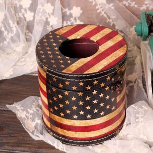 皮革美国国旗圆形卷纸抽圆筒纸巾盒 饰西洋经典 创意复古家居装 美式